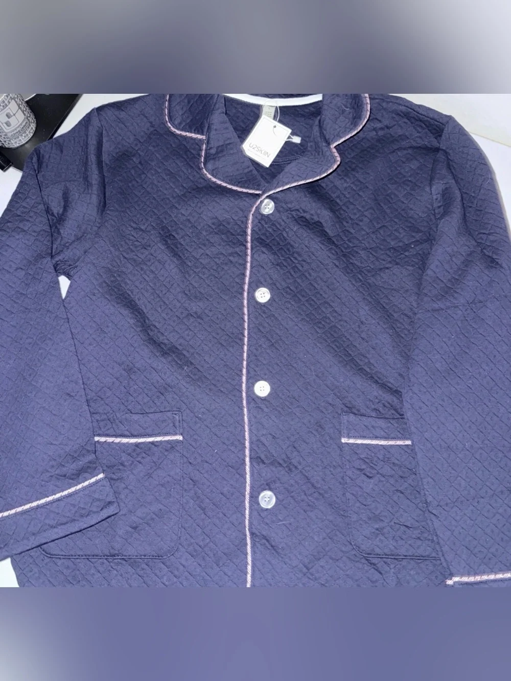 U2SKIN new Navy Quilted Pajama Set with Pink Piping